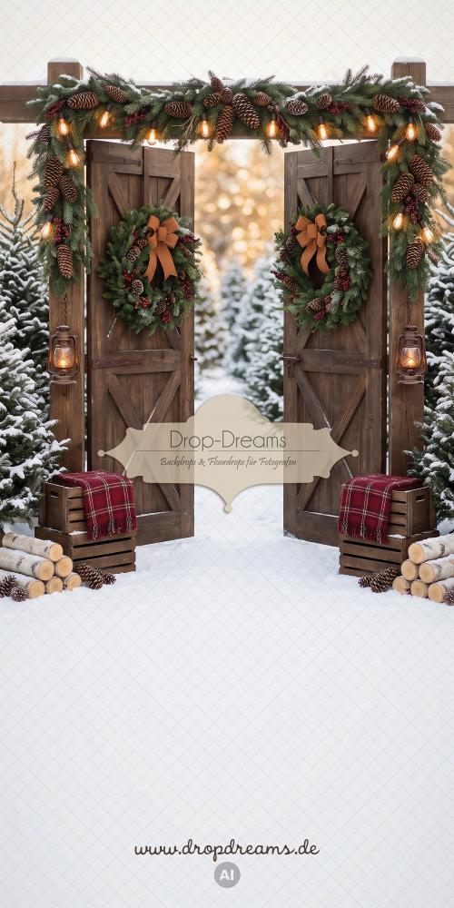Weihnachts-Kombidrop Christmas Gate mit rustikalen Holztüren, roter Karodecke und verschneiter Tannenallee in Braun, Rot und Grün von Drop-Dreams